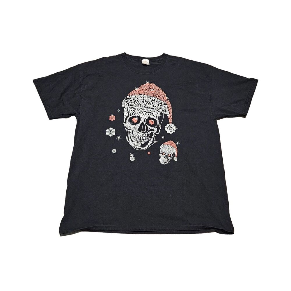 Holiday Christmas Skulls Themed Men's Black Short Sleeve T-Shirt Size 2XL XXL